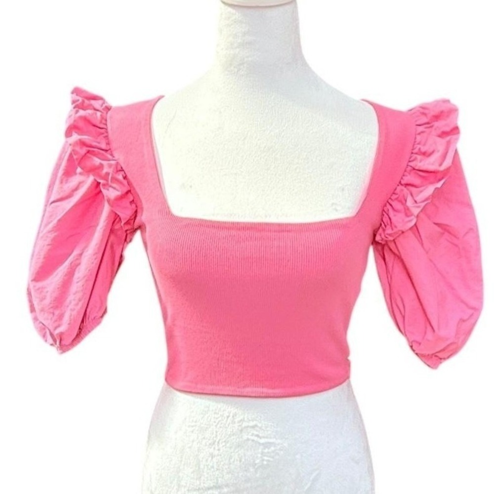 ZARA Top Small Pink Puff Sleeve Square Neck Cropped Ruffle Romantic Cottagecore